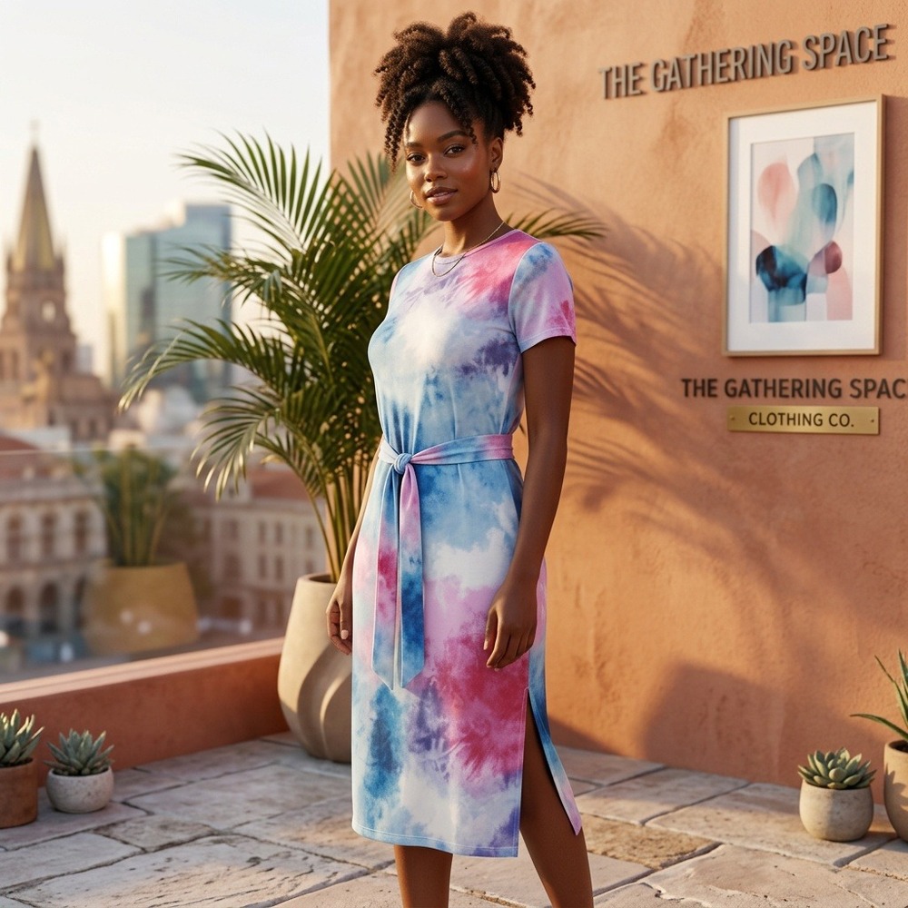Sage Collective Dress Size 2 Tie Dye Mesh Sheath Midi Short Sleeve Tie Waist NWT